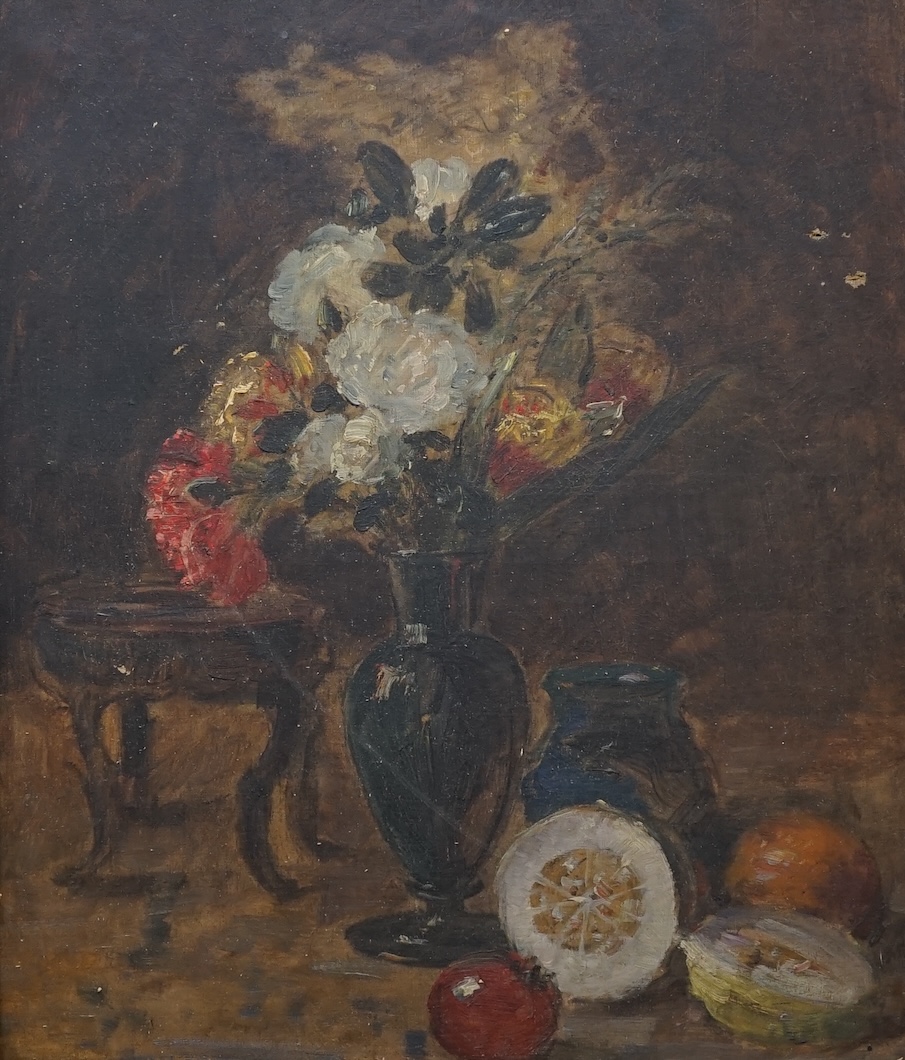 From the Studio of Fred Cuming. 19th century Continental school, oil on canvas, Still life of flowers, 54 x 44cm. Condition - poor